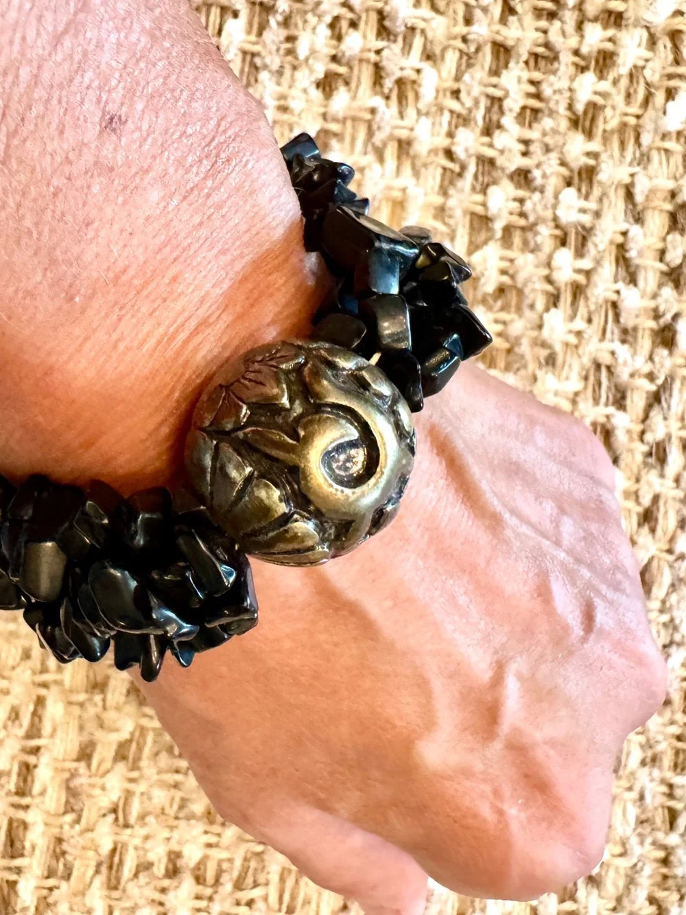 Vintage Black Onyx Chip Bracelet Engraved Floral Metal Bead Whimsy goth Chunky